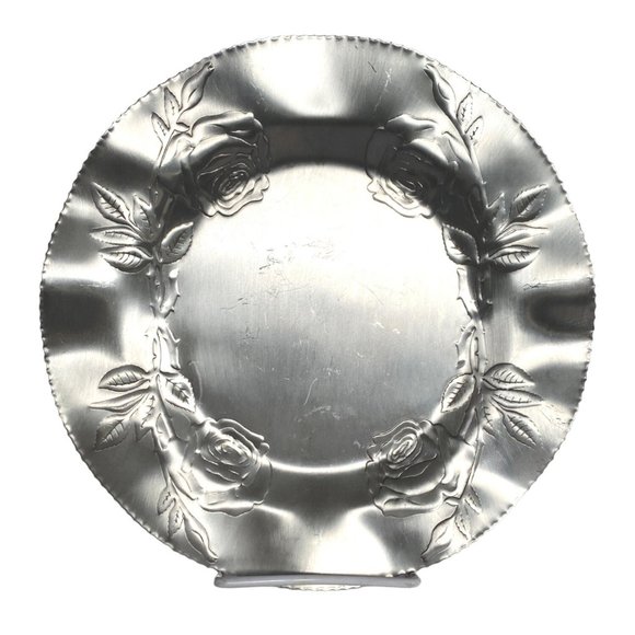 c1950s Aluminum Roses Pattern Canada 10in Design No460 Vintage Serveware Platter - Picture 1 of 6
